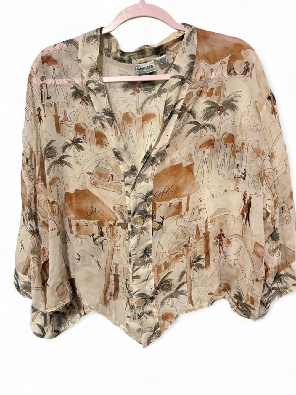 Vintage chicos sheer travel motif 100% silk with shell buttons large 3